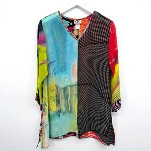 Vintage‎ Patchwork Tunic Top Shirt Size S M Sheer Chiffon 3/4 Sleeve Artsy Boho